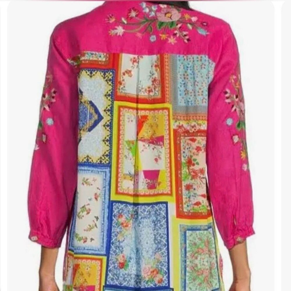 John Mark Embroidered Floral Linen Shirt 3/4 Sleeve Pink Multi Spring Summer New - Picture 2 of 12